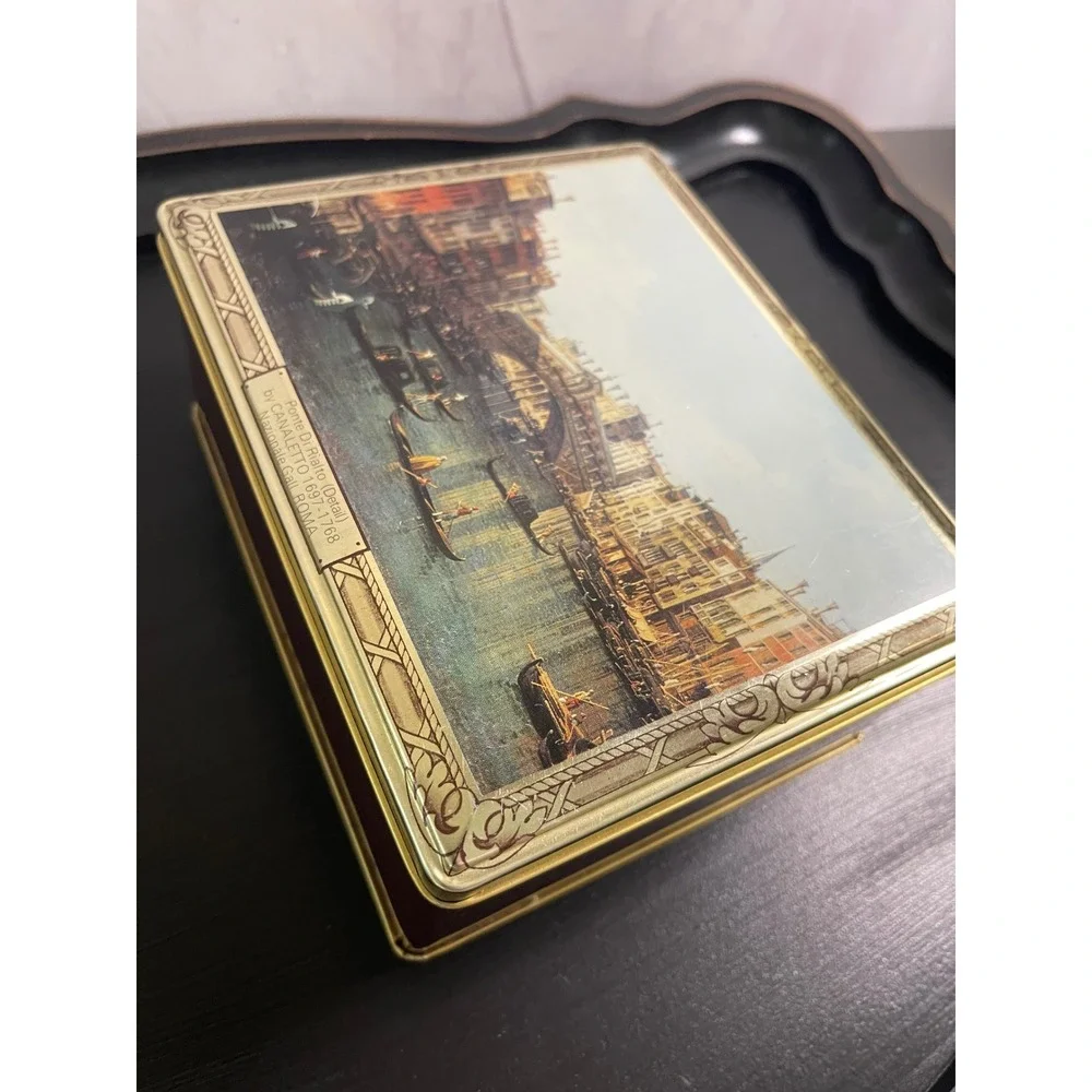 Vintage Canaletto Ponte Di Rialto Venice Art Tin Made in England Canco Burgundy